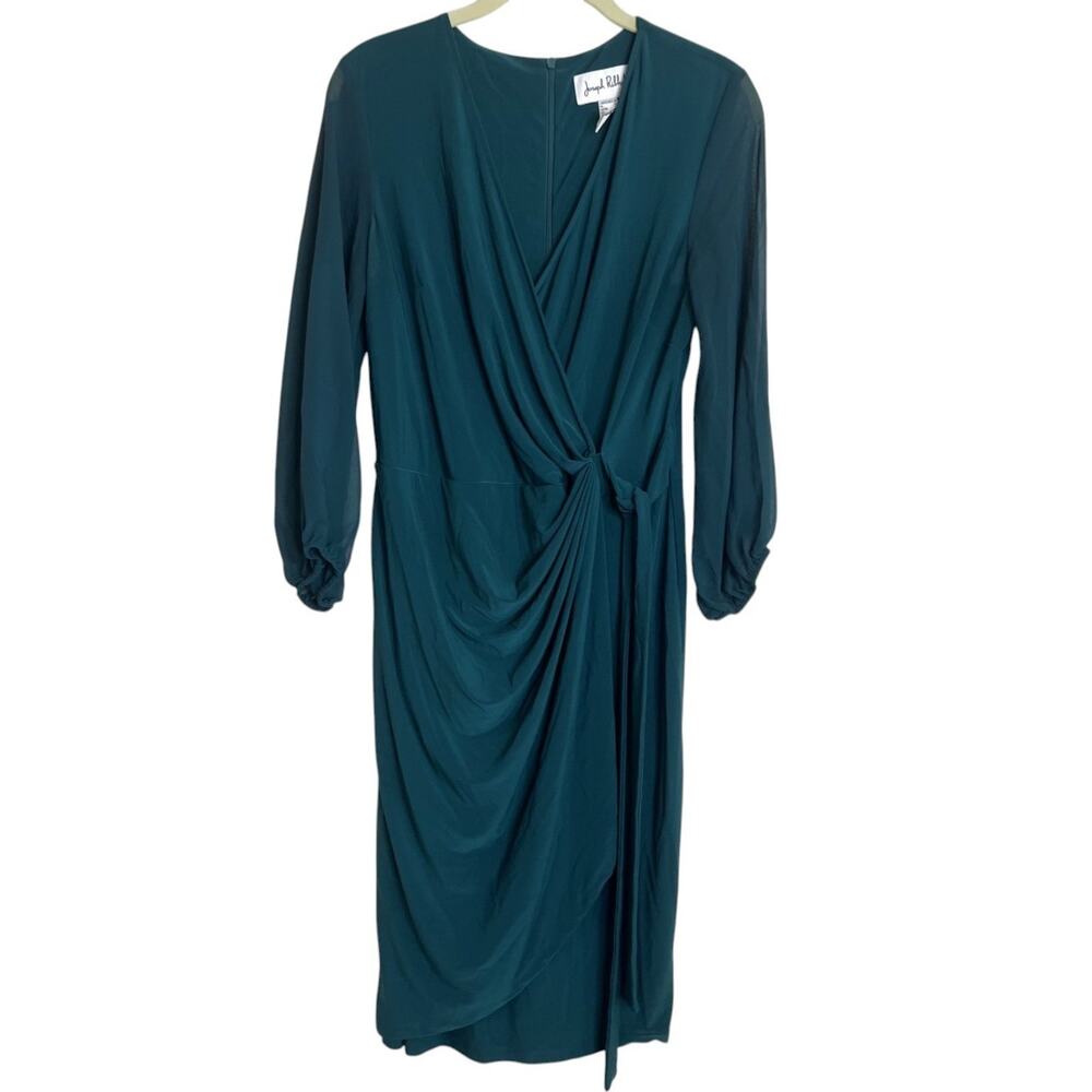 Joseph Ribkoff Draped Midi Dress Size 10 Teal Sheer Sleeve Faux Wrap